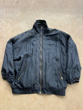 Vintage Fu Da International Black Silk Zip-Up Jacket With Embroidered Stitching